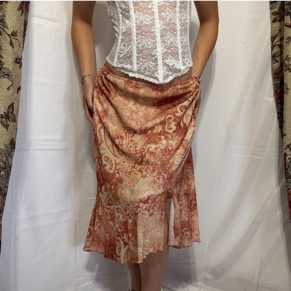 PARIS BLUES stunning orange paisley print flowy midi skirt with ruffled edges